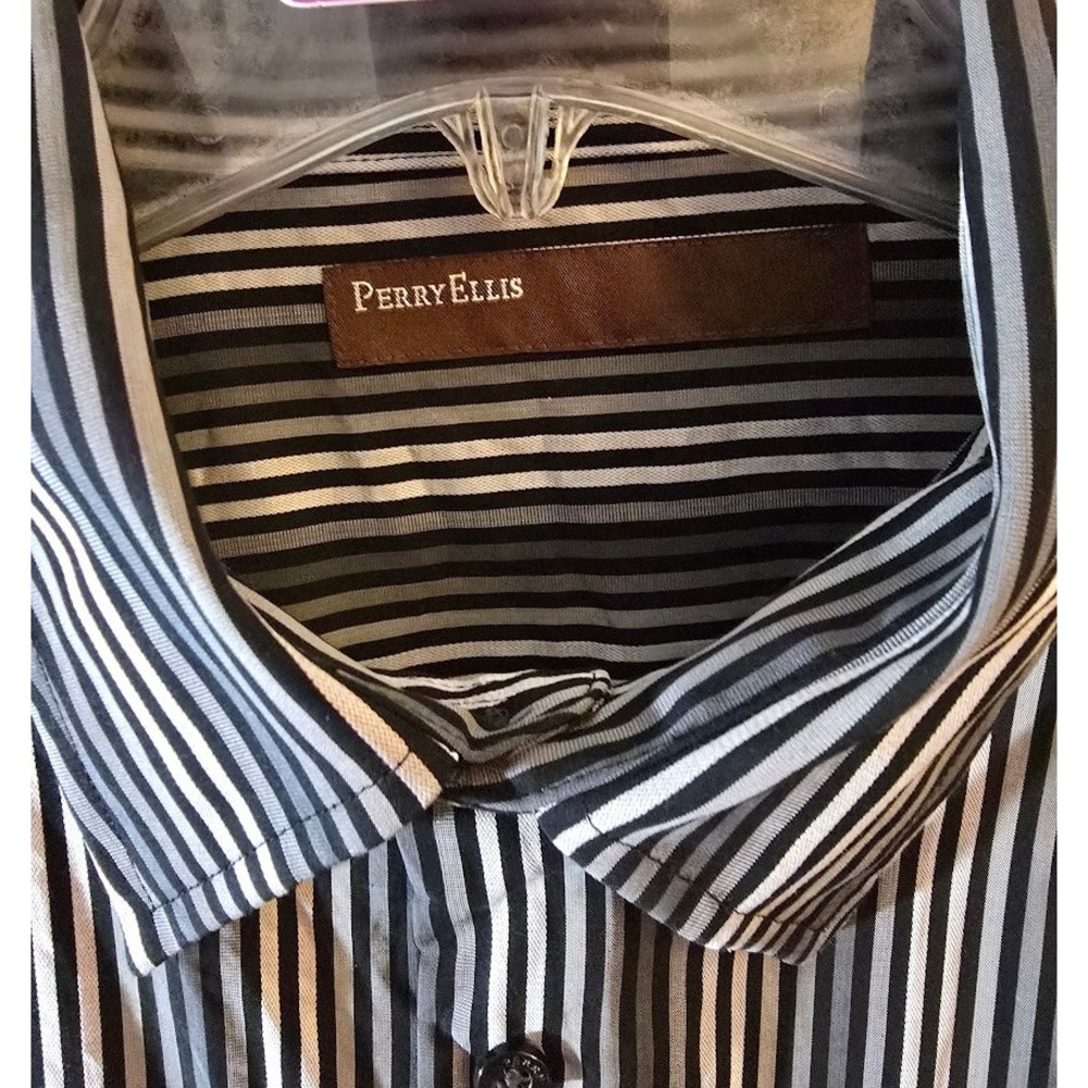 Perry Ellis Mens Long Sleeve Button Up Shirt Black Grey Striped Cotton Size L - Picture 2 of 5